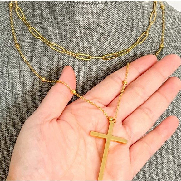 Big Cross Pendant Gold Necklace 2 Layer Necklace Gold Cross Necklace Lay… - Picture 9 of 11